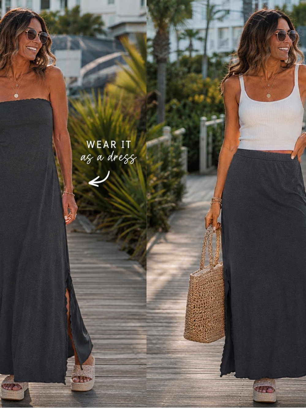 NWT Convertible Black Maxi Skirt / Tube Dress with Side Slits & Lettuce Edging